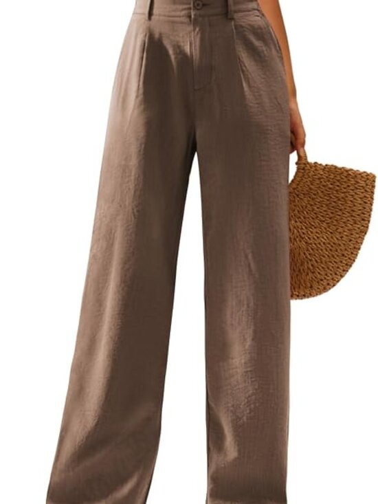 Pants - Women's Coffee High Waisted Button Down Straight Long Casual Wide Leg Pants